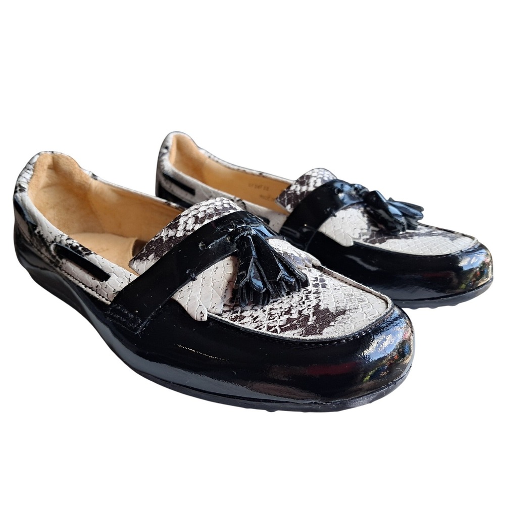 Peter Millar Womens Snake Print Tassel Driving Loafers‎ Black White Patent 6M